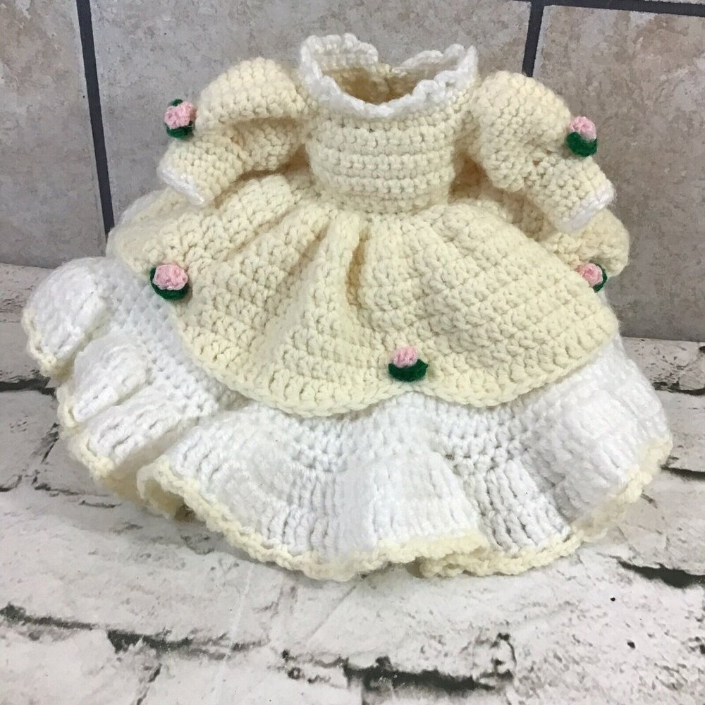 Vintage Handmade Crochet Doll Dress Yellow Layered Ruffled Southern Belle Gown